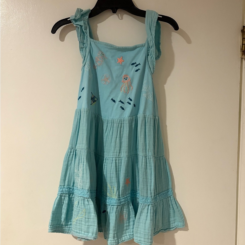 Aqua Sleeveless Dress with Sea Creature Embroidery- kids Peek